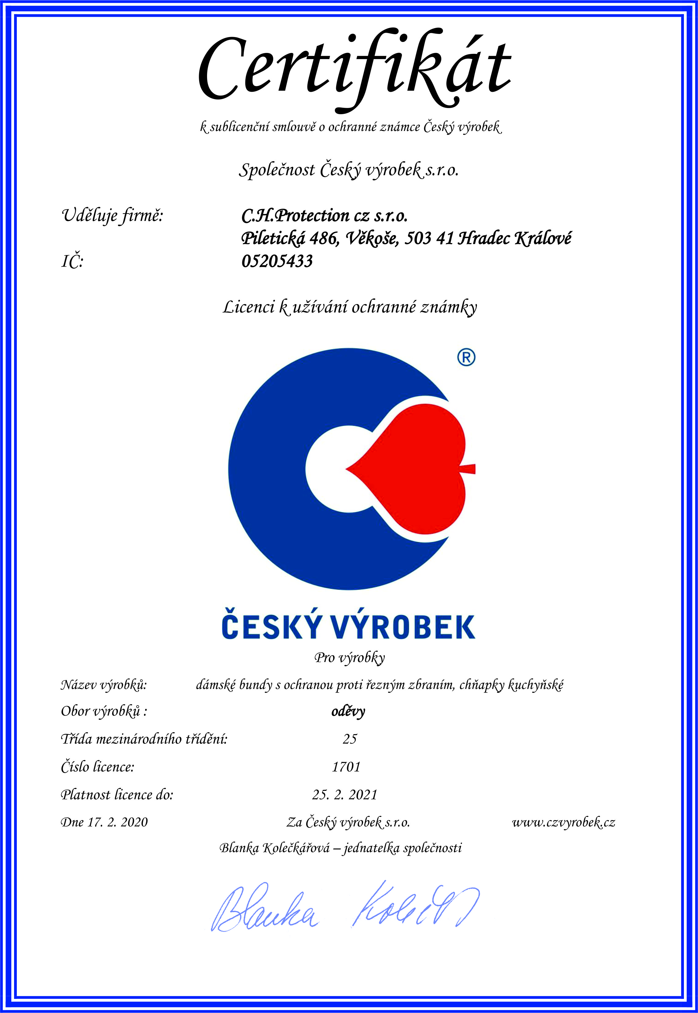 Certifikát ČESKÝ VÝROBEK